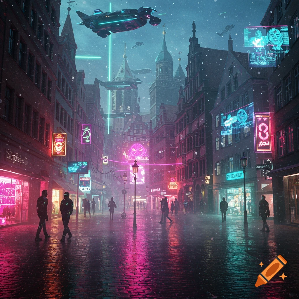 A vibrant cyberpunk cityscape at night, featuring neon-lit buildings, futuristic flying vehicles, and pedestrians on a wet street during winter.