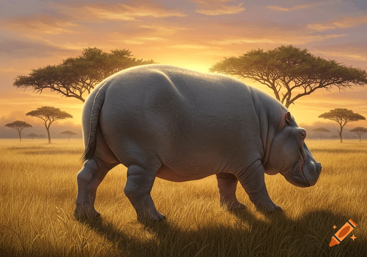 A hybrid creature resembling a hippo with a donkey-like rear walks through a golden savanna at sunset.