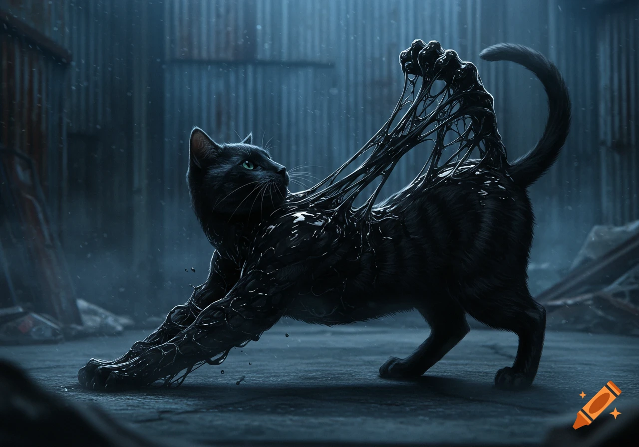 A black cat stretches, pulling off a black goo symbiote that clings to its fur, in a dark, gritty setting.