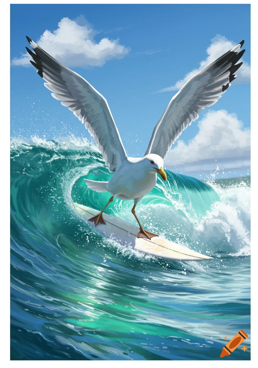 A cartoon seagull with outstretched wings balances on a surfboard, riding a large turquoise ocean wave under a blue sky.