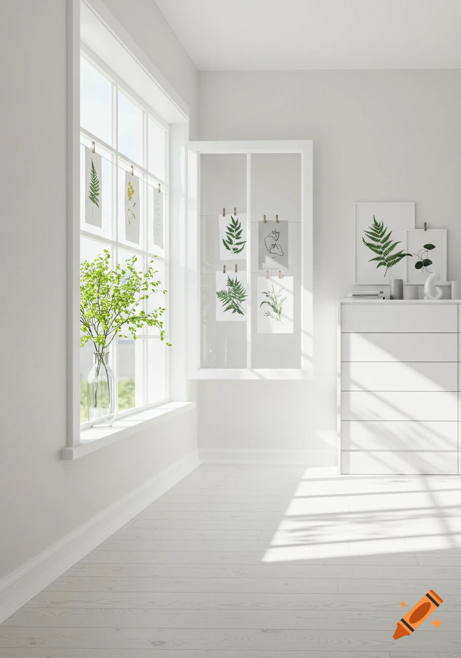 Bright, minimalist white room with large window, a plant in a vase, and botanical prints.