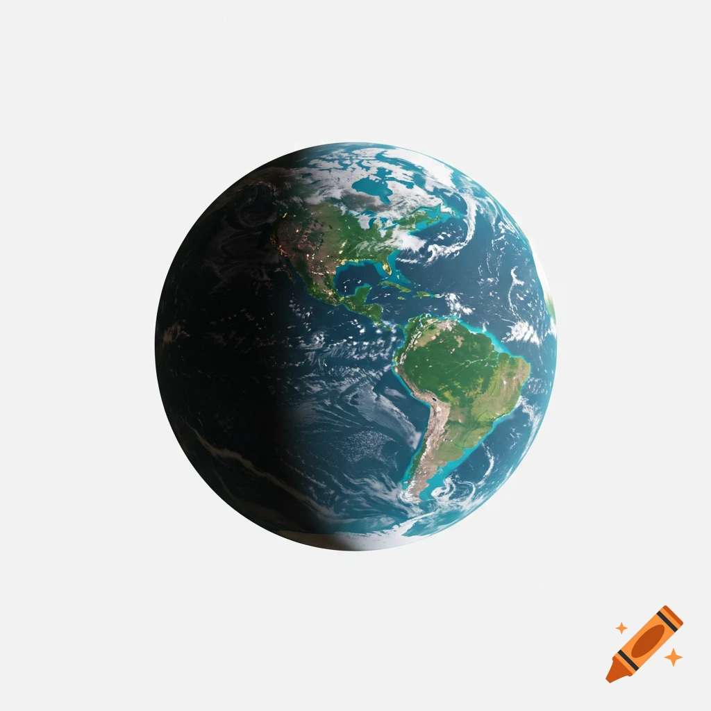 A detailed, realistic render of Earth with North and South America visible, set against a solid white background.