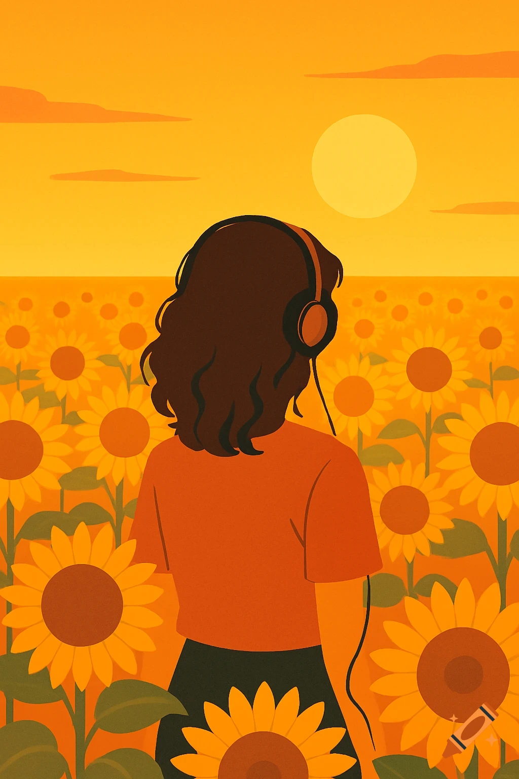 Minimalist digital illustration of a woman wearing headphones, looking at a sunset over a vibrant sunflower field.
