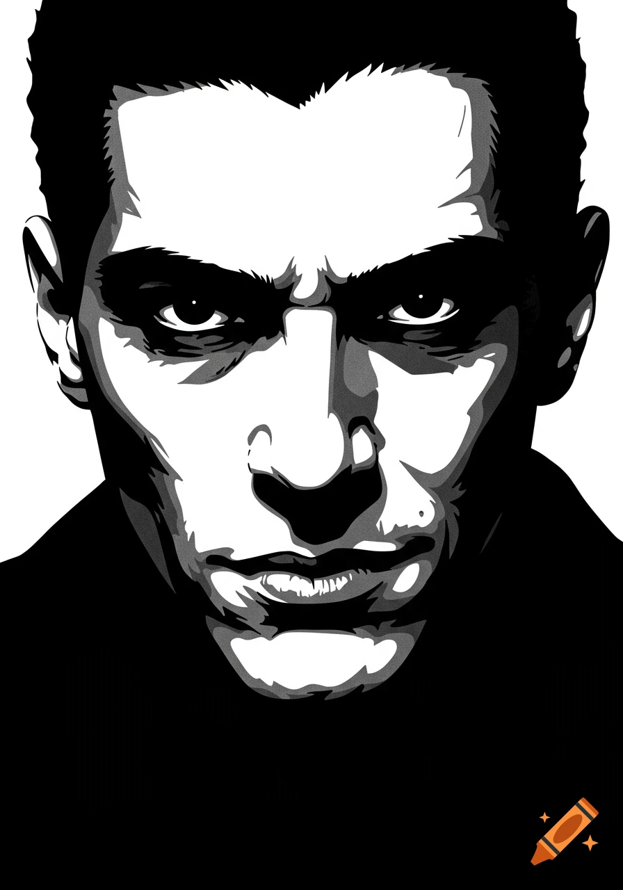 High-contrast black-and-white graphic art portrait of a man with an intense, stern expression looking directly forward.