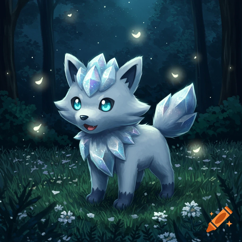 A cute, light gray, crystal-encrusted wolf-like Pokémon with bright blue eyes stands in a dark, glowing forest at night.