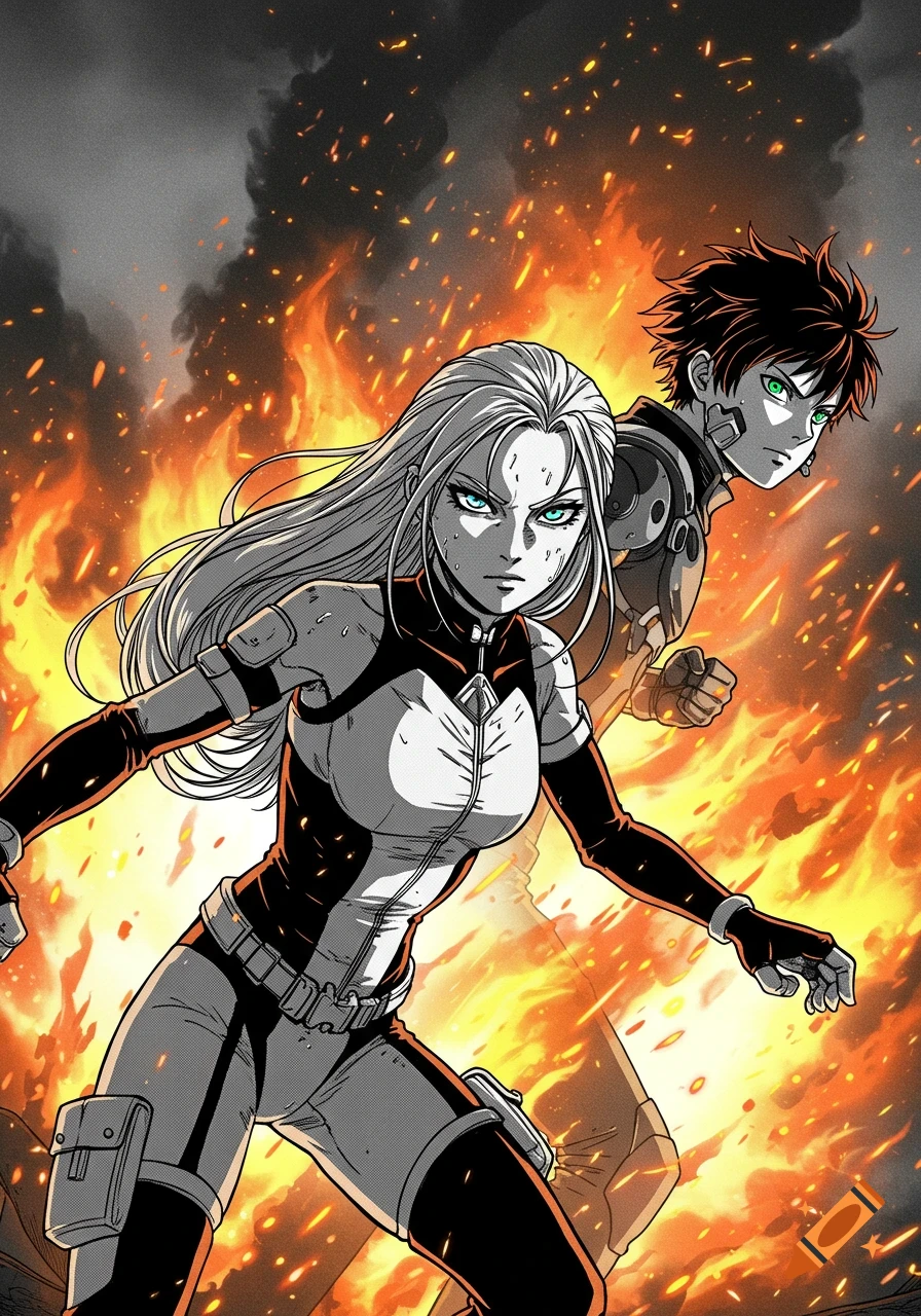 A determined anime woman and man in black and white combat gear, standing amidst vibrant orange flames and smoke.