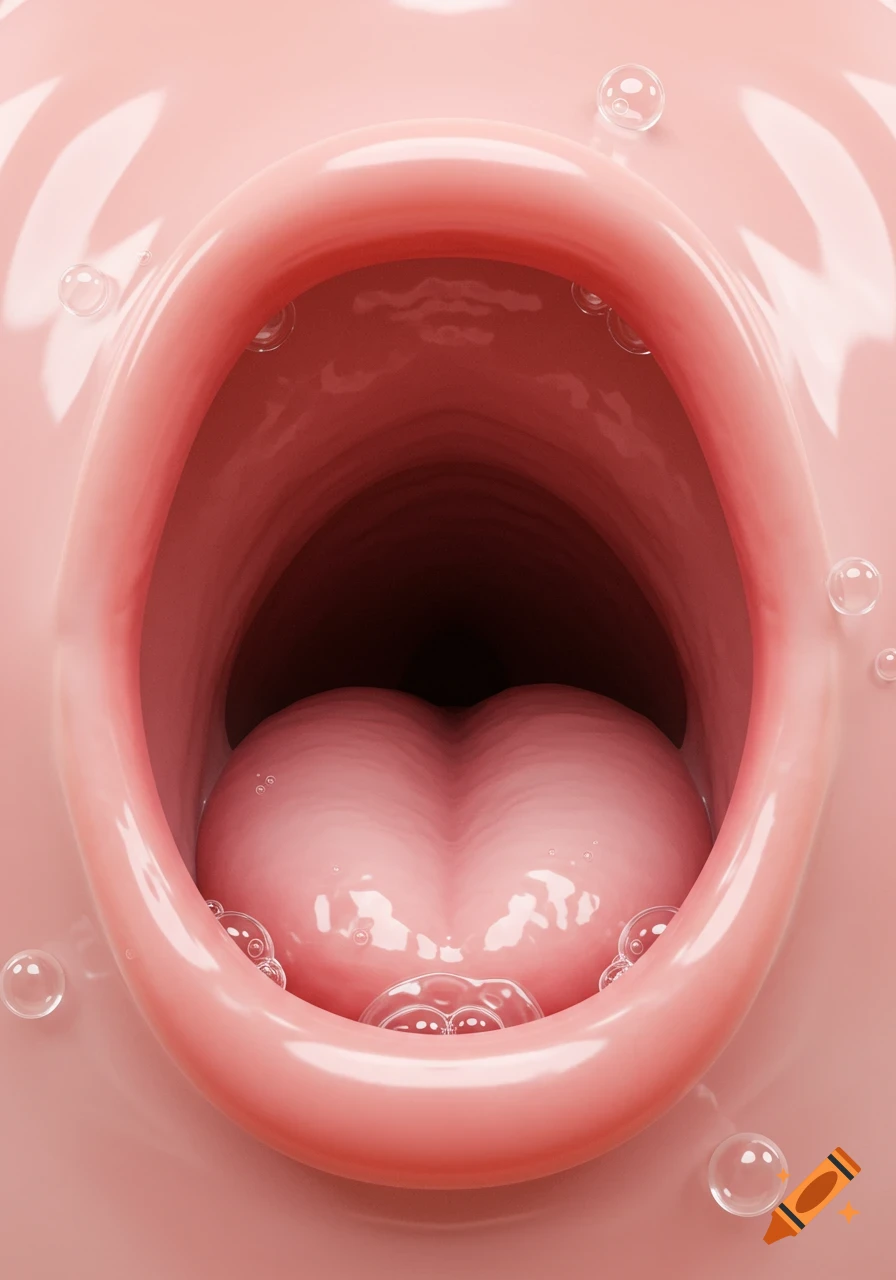 A close-up, abstract, stylized view of a pink, soft worm mouth with no teeth, filled with saliva and bubbles.
