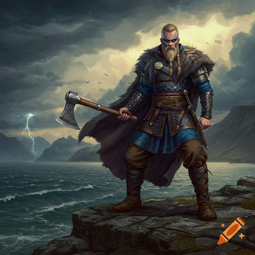 A formidable Viking warrior with an axe stands on a cliff by a stormy sea with lightning.