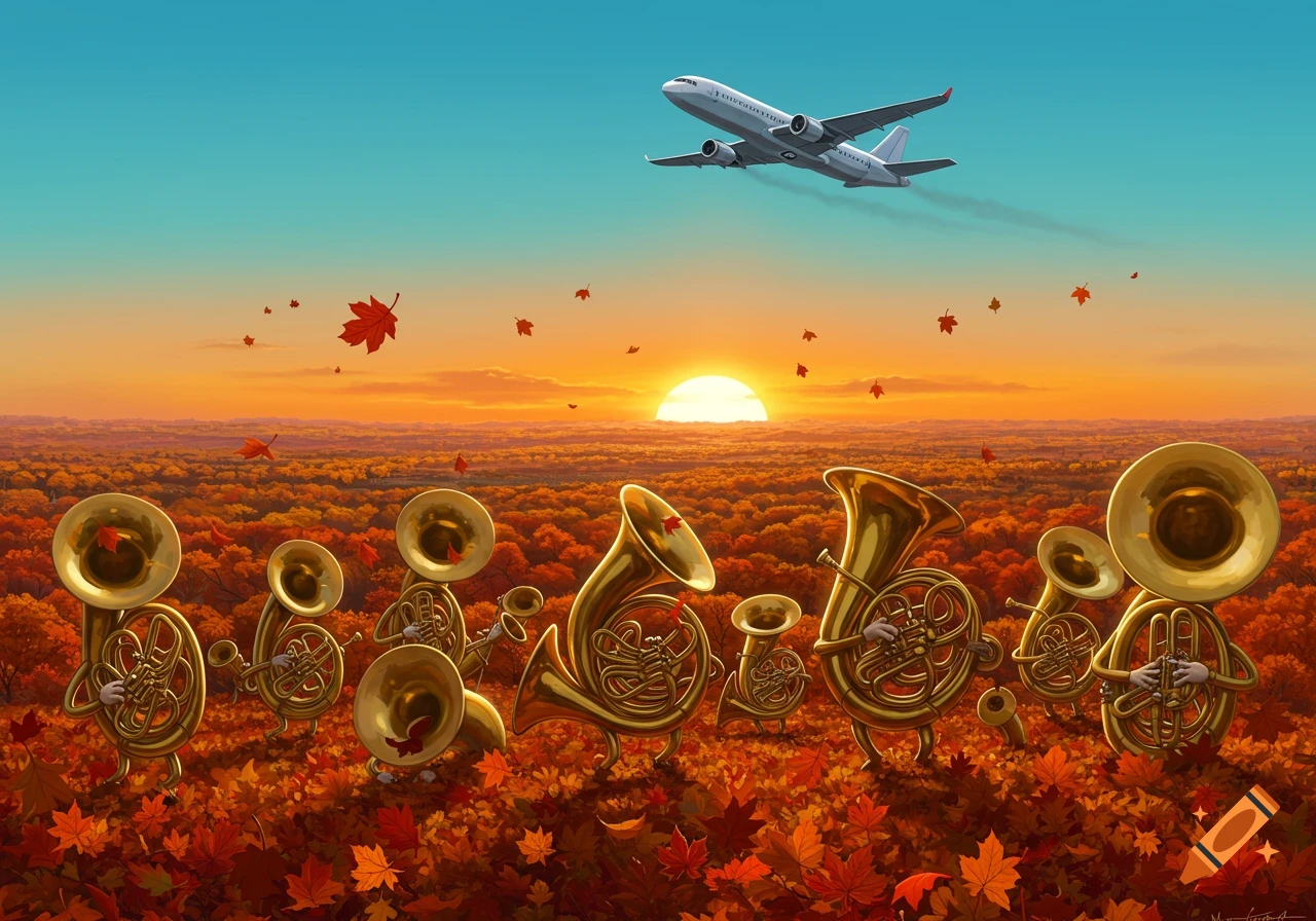 Whimsical illustration of anthropomorphic brass instruments marching through a vibrant autumn forest at sunset, with an airplane flying above.