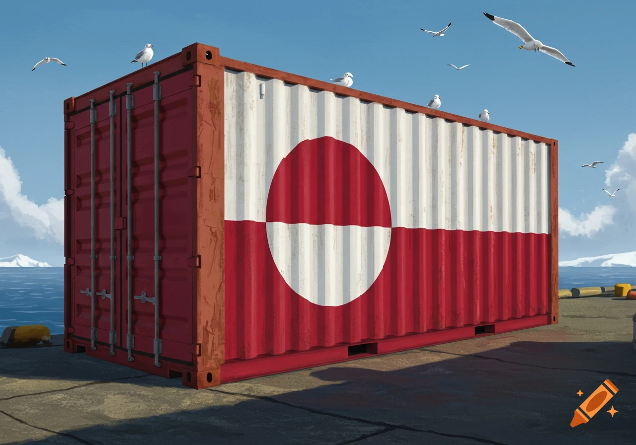 A shipping container painted with the red and white flag of Greenland, with seagulls flying over sea and ice.