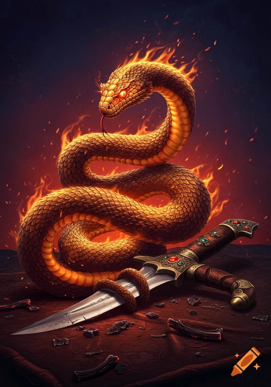 A majestic golden flaming serpent with glowing eyes coiled around a decorative, jeweled dagger against a fiery red and dark background.