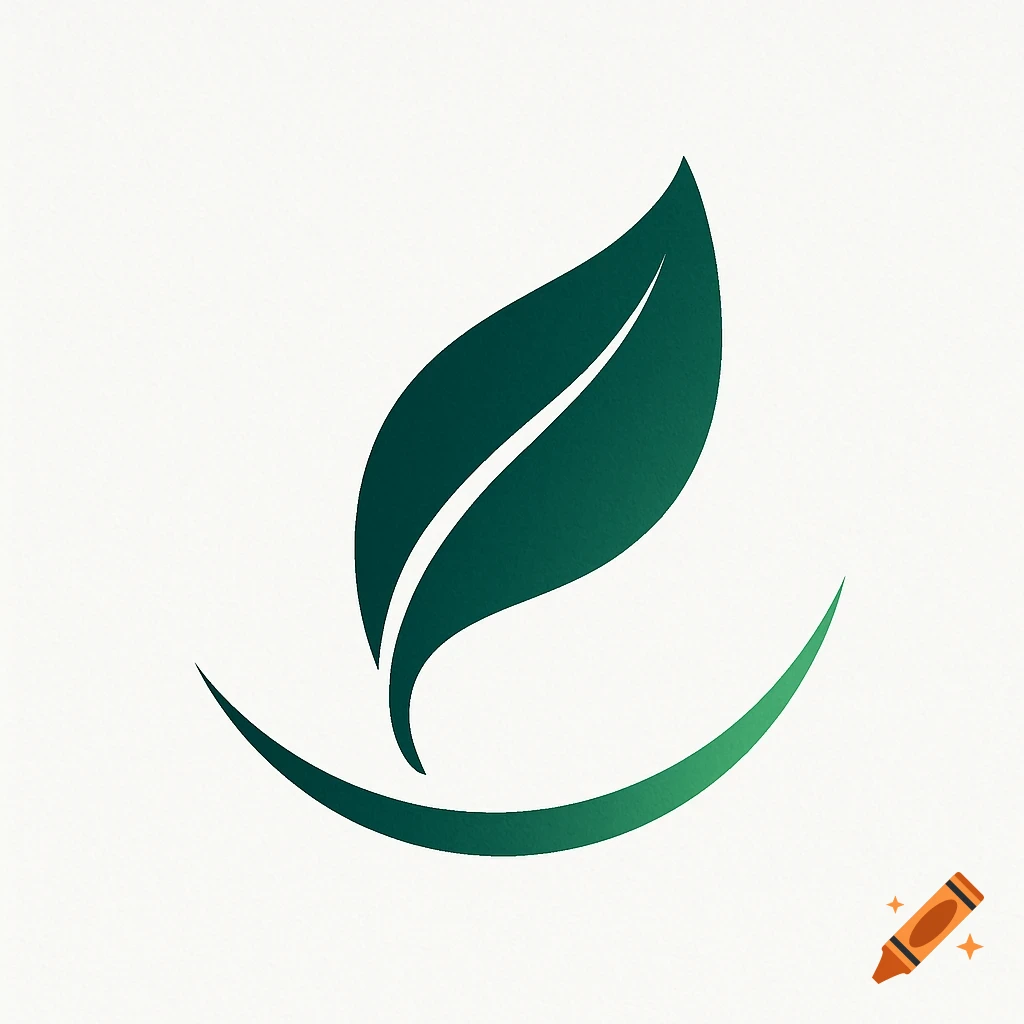 Minimalist logo featuring a gradient green leaf and a curved green line on a white background.