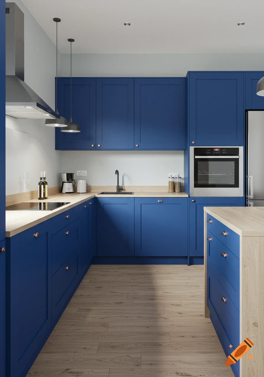 A modern kitchen with royal blue cabinets, light oak countertops and flooring, and light bluish-gray walls.