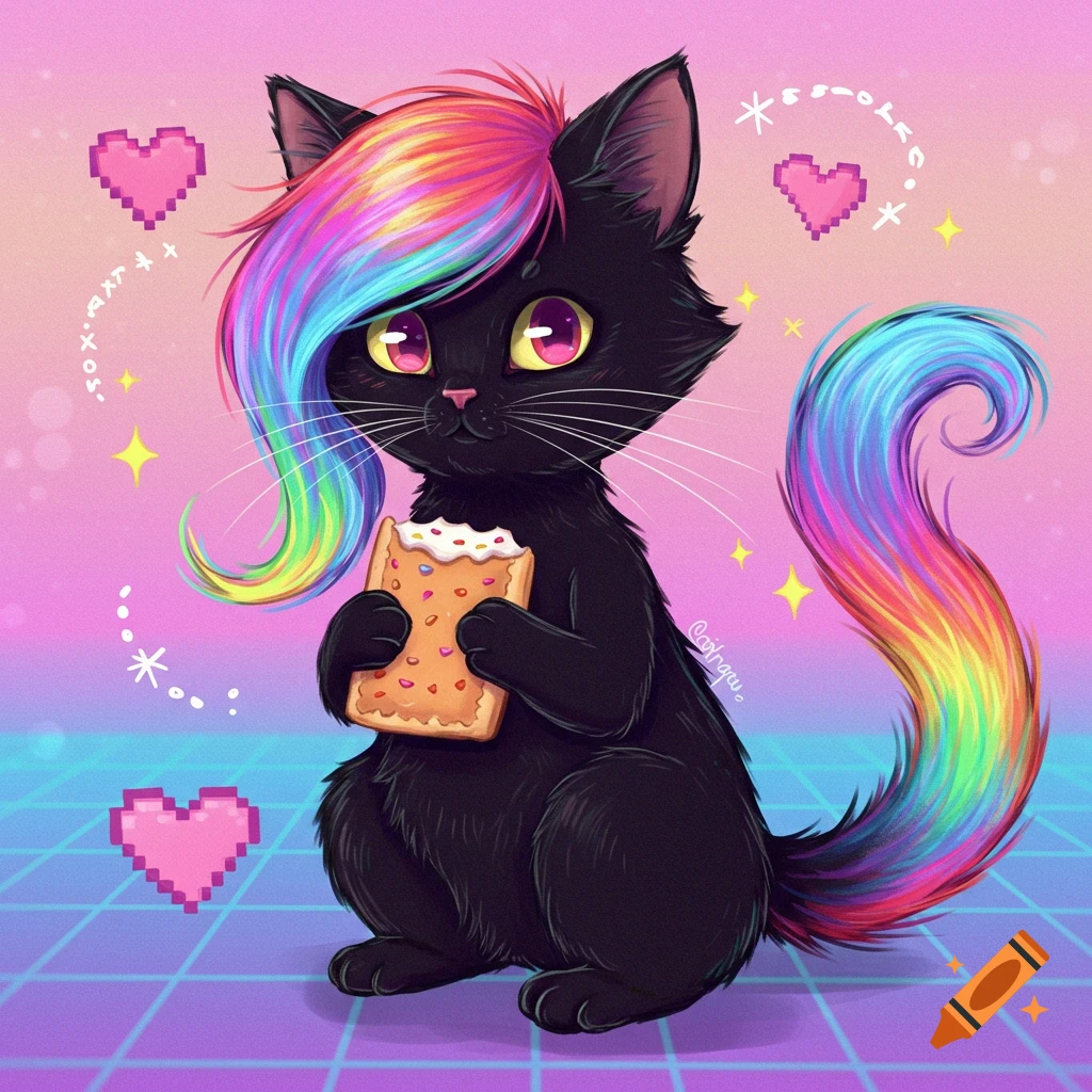 A black cartoon cat with rainbow hair and tail holds a pop-tart against a pink and purple grid background with pixel hearts.