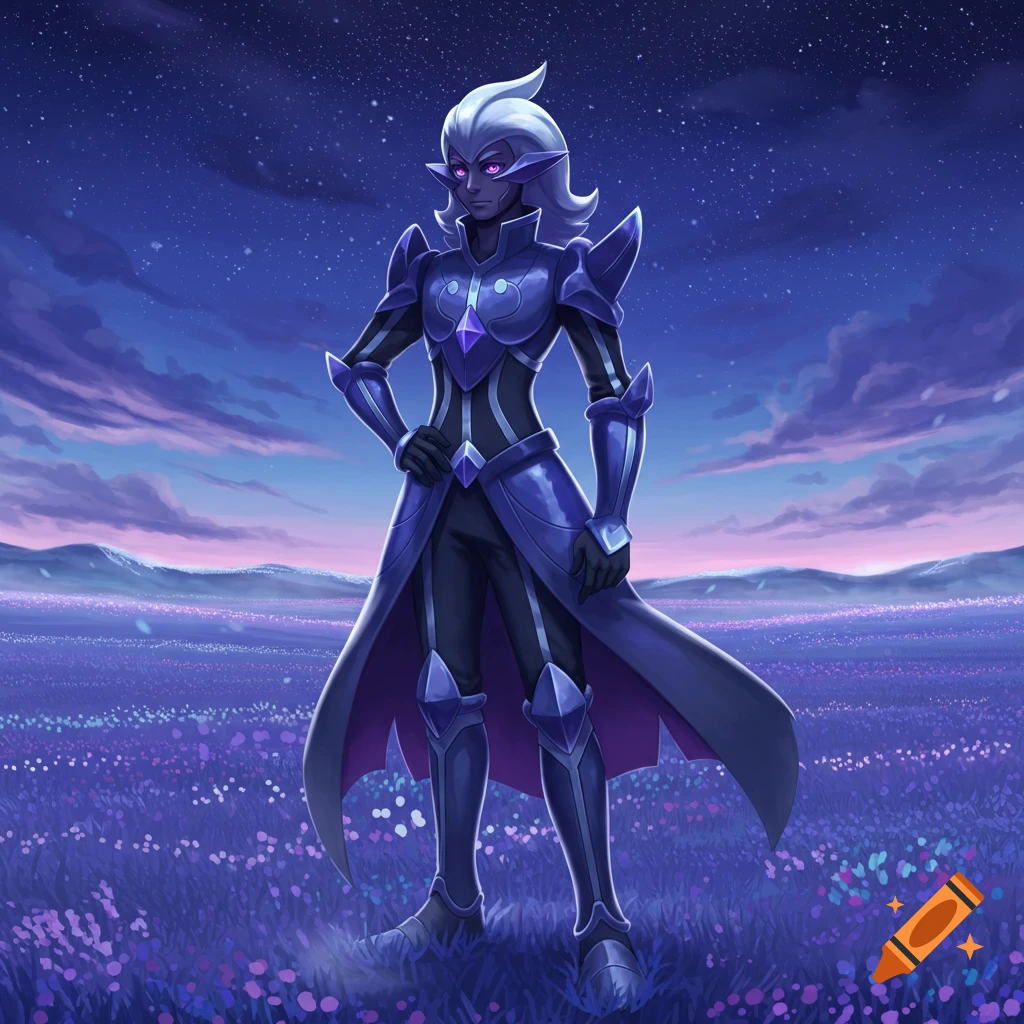 Amethio in purple armor stands in a field of purple flowers under a starry twilight sky in an anime style.
