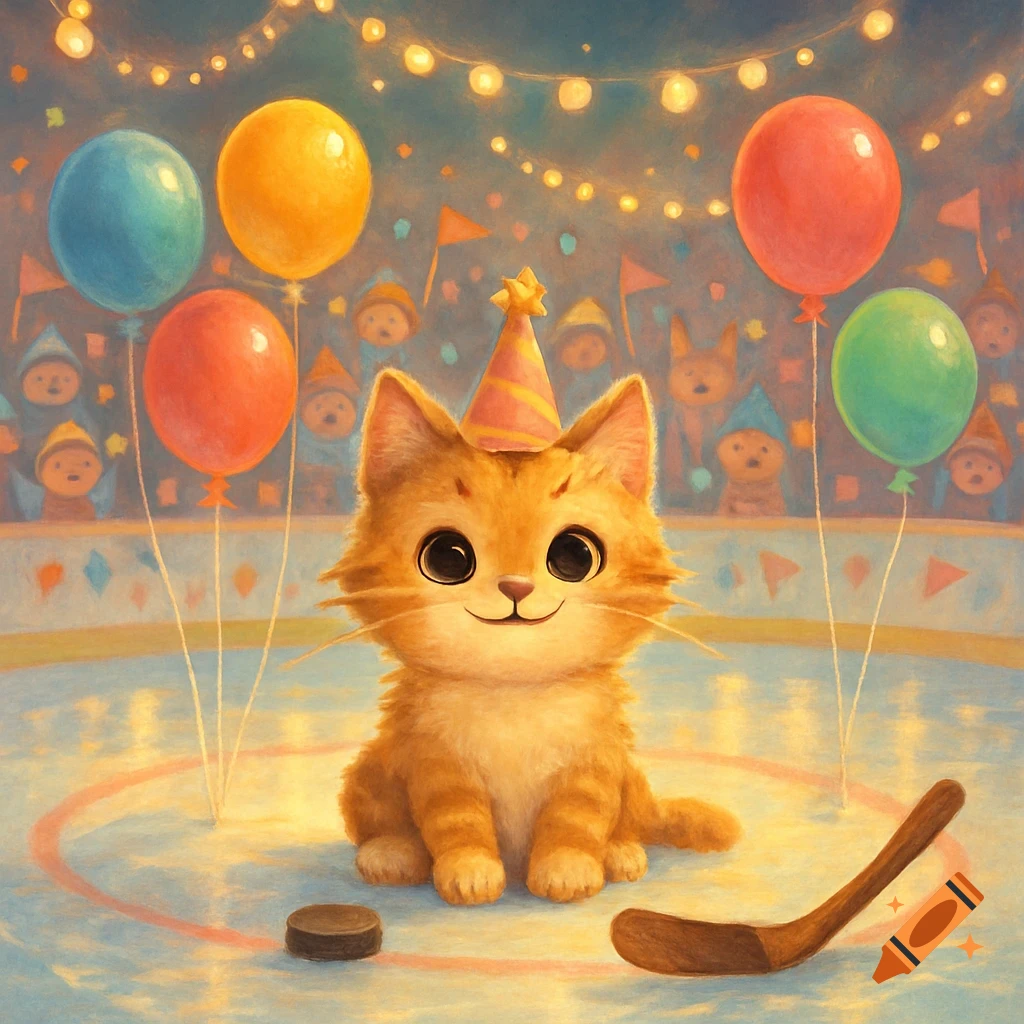 A cute ginger cat wearing a party hat sits on an ice rink with balloons, a puck, and a hockey stick in an illustration.