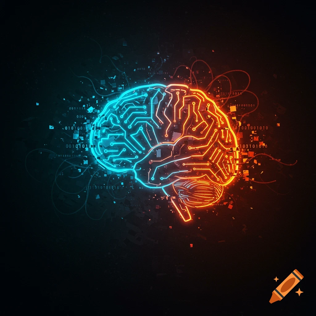 A stylized glowing brain made of circuitry, split into vibrant blue and orange halves, with binary code and abstract lines in the dark background.