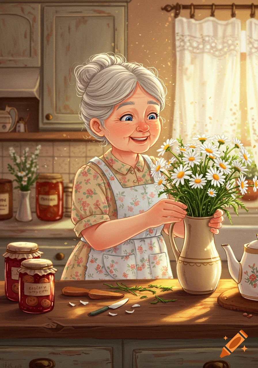 Cheerful cartoon grandmother arranging a vase of daisies in a sunlit kitchen.