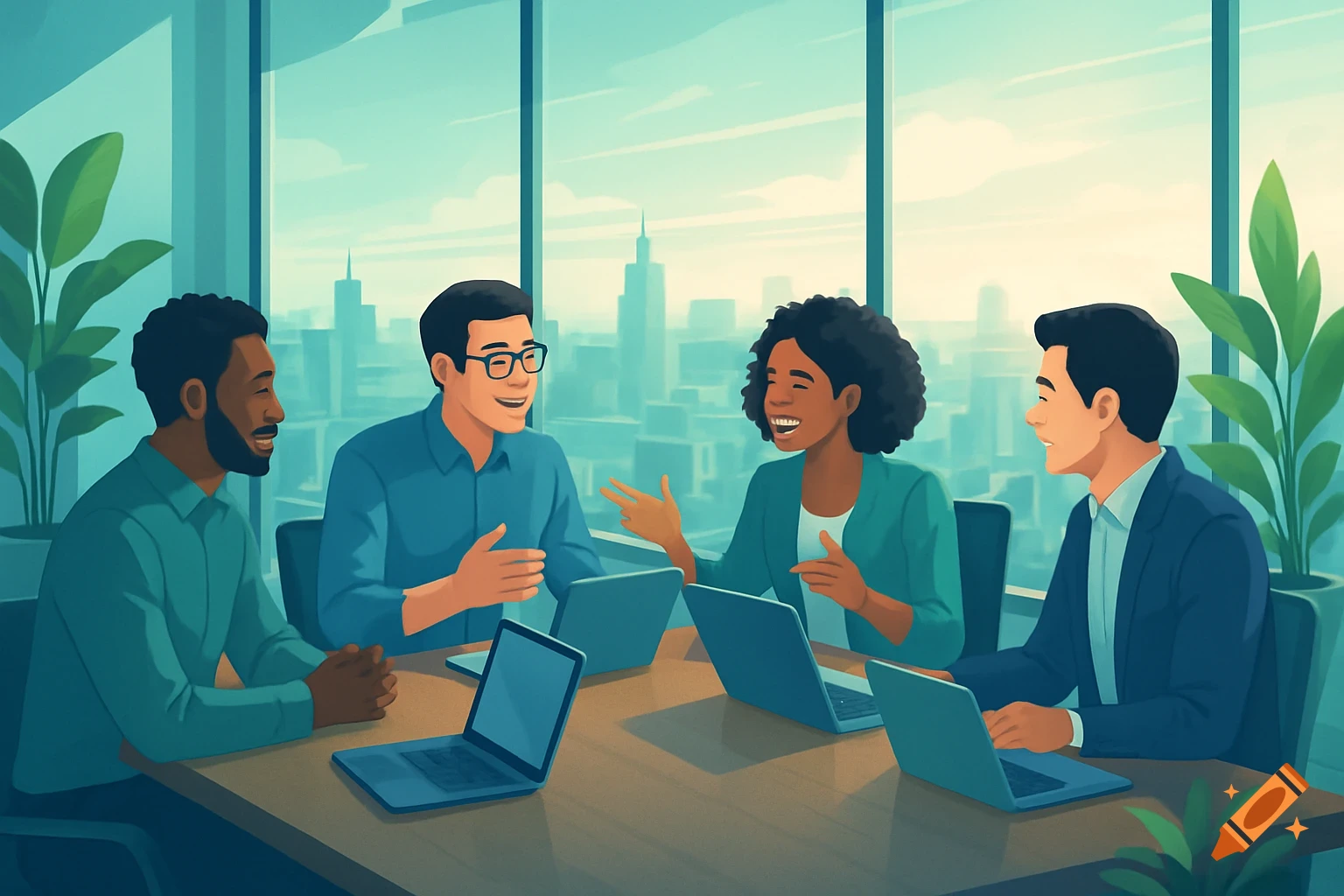 Stylized illustration of four diverse professionals in an office meeting with laptops, discussing and smiling.