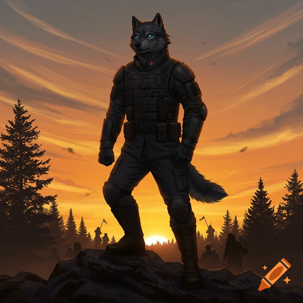 A dark-furred anthropomorphic wolf in black tactical gear stands on a rock at sunset, overlooking silhouetted figures and pine trees. His eyes glow blue.