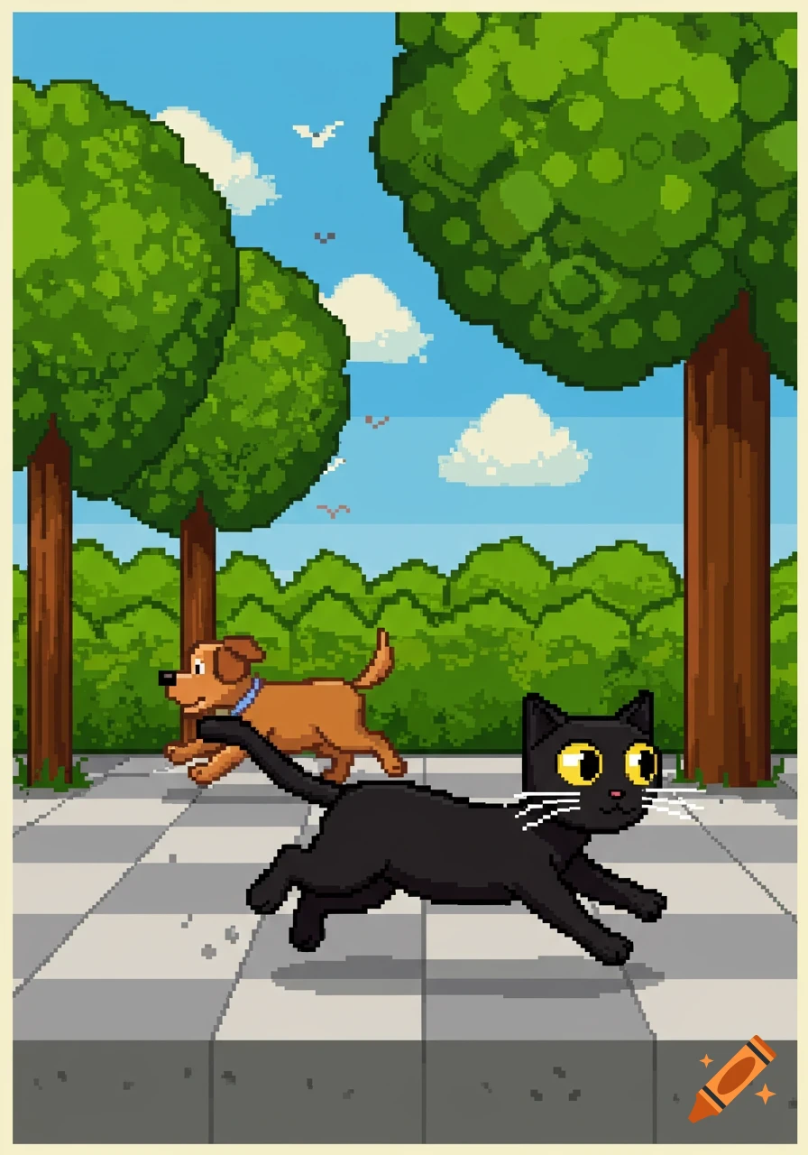 A pixelated black cat runs across a sidewalk away from a brown dog in a park with trees and blue sky.