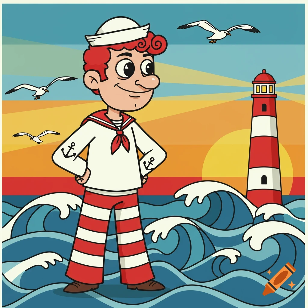 A cartoon sailor with red curly hair and a white and red striped uniform stands in blue waves at sunset with a red and white lighthouse and seagulls.
