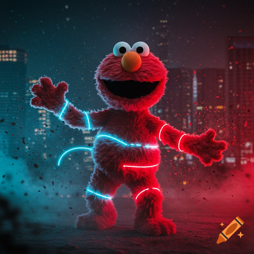 Furry red Elmo with glowing blue and red neon lines and dust particles in a dark, stylized city.