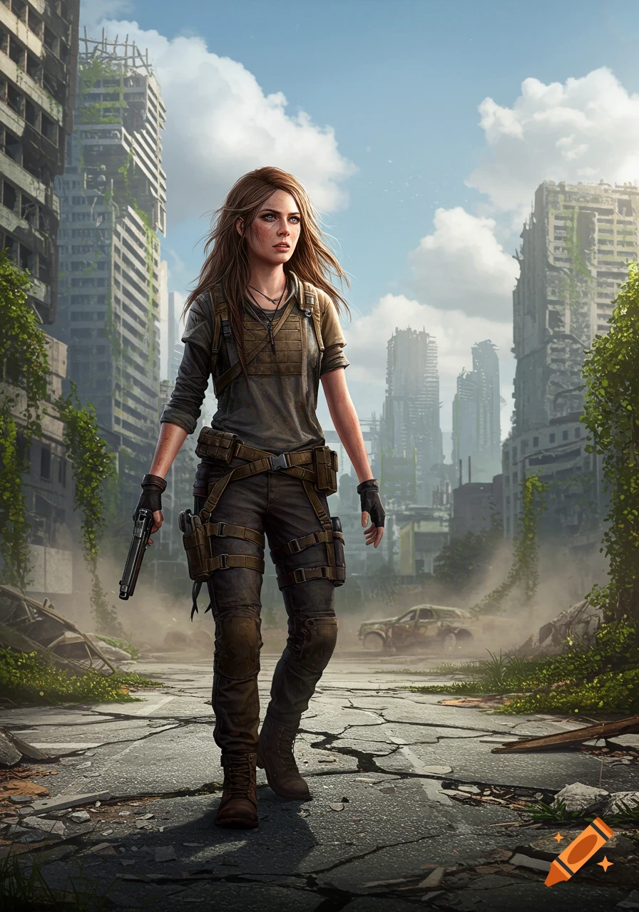 A determined woman with light brown hair and blue eyes stands in a desolate, overgrown city with crumbling skyscrapers, holding a pistol.