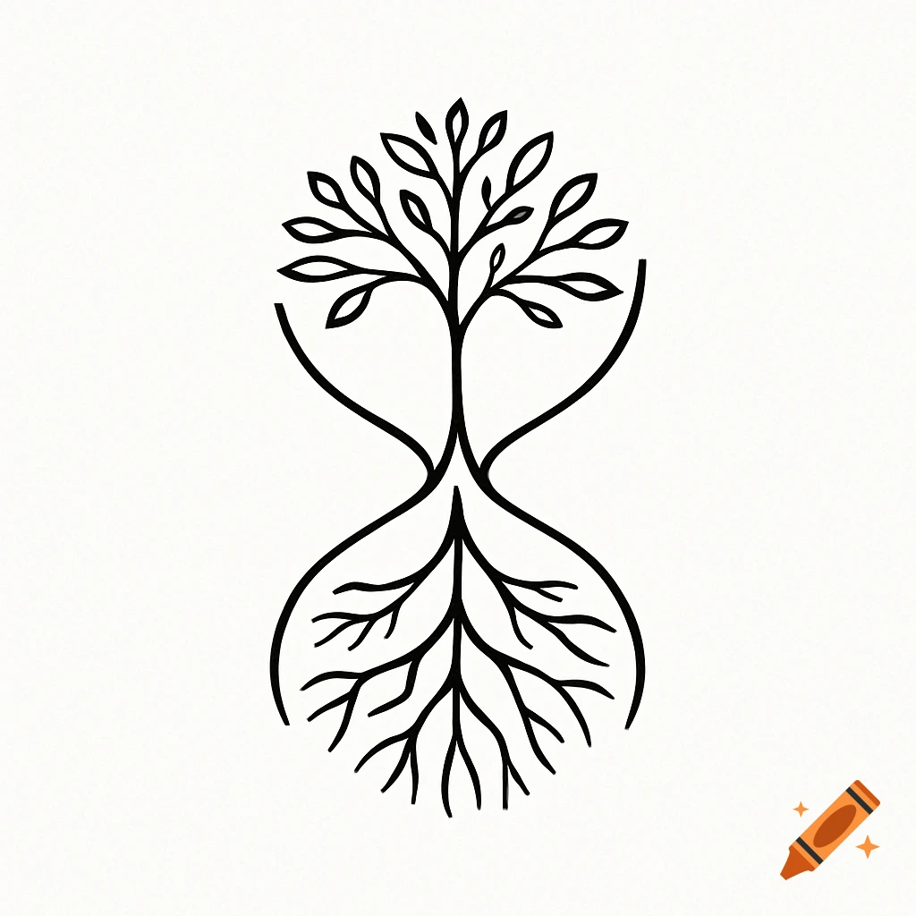 A minimalist black and white logotype of a tree and its roots forming an hourglass shape.