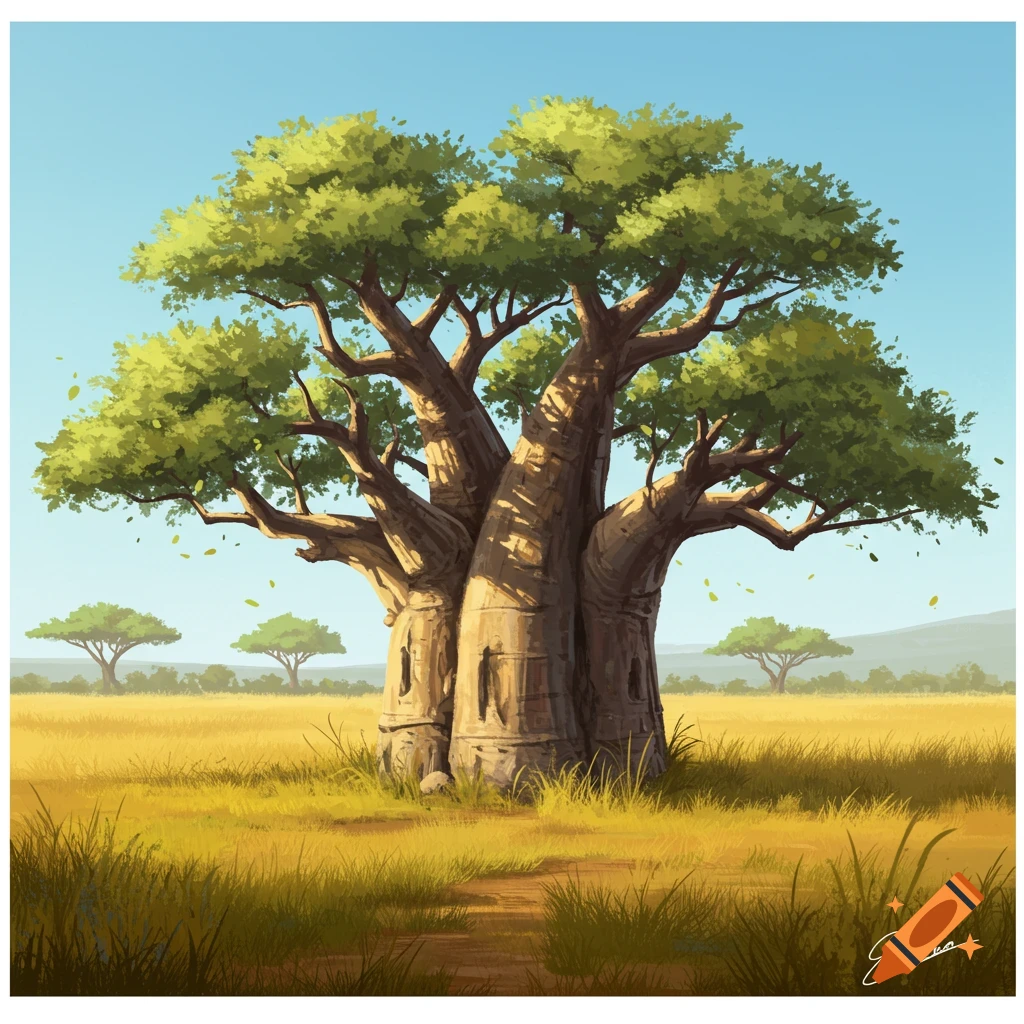 An illustration of a majestic baobab tree standing in a golden savanna field under a clear blue sky.