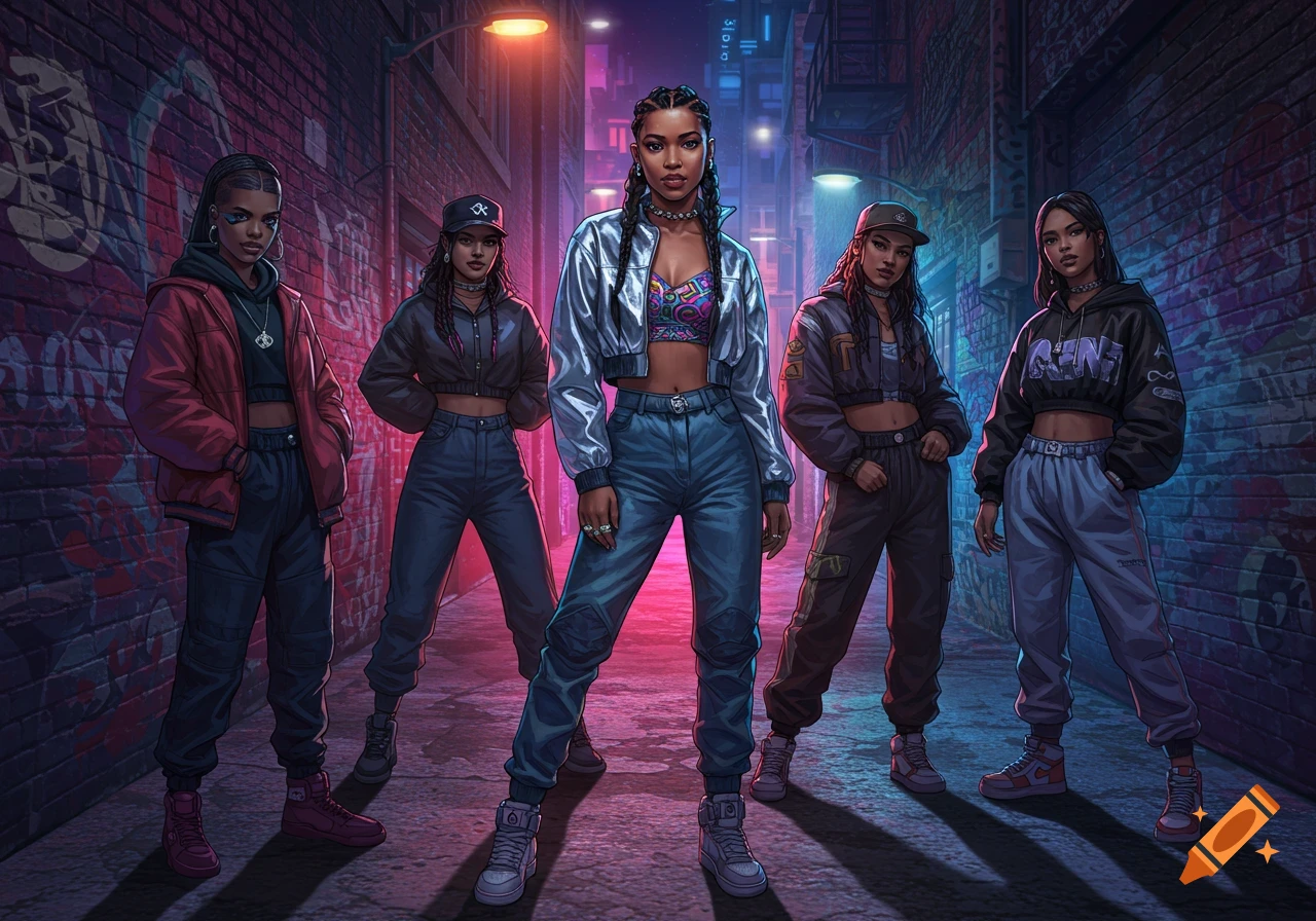 Five women in stylish streetwear pose in a neon-lit urban alleyway with graffiti-covered brick walls, in an illustrative style.