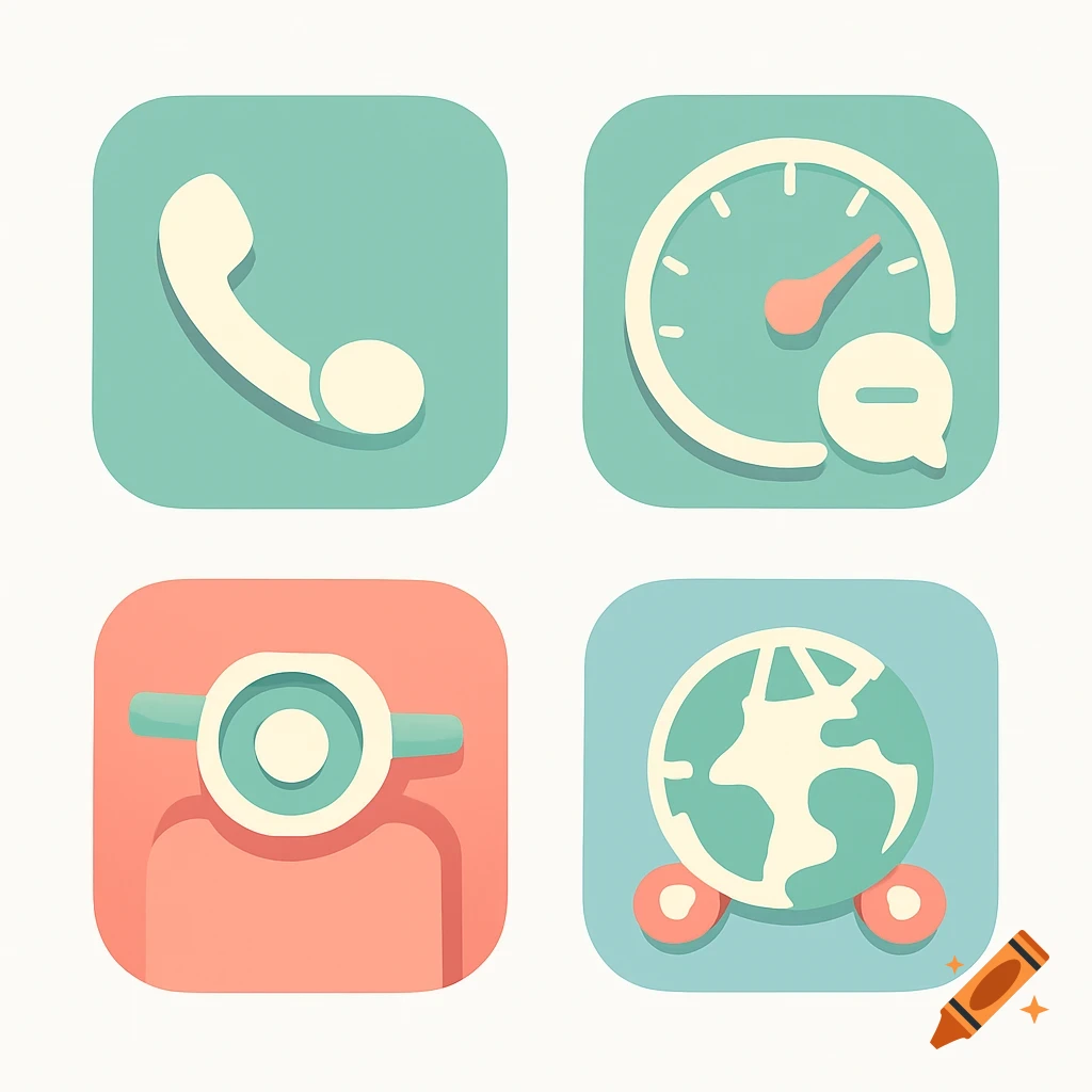 Four pastel flat vector app icons: phone, speedometer, camera lens, and globe with wheels.