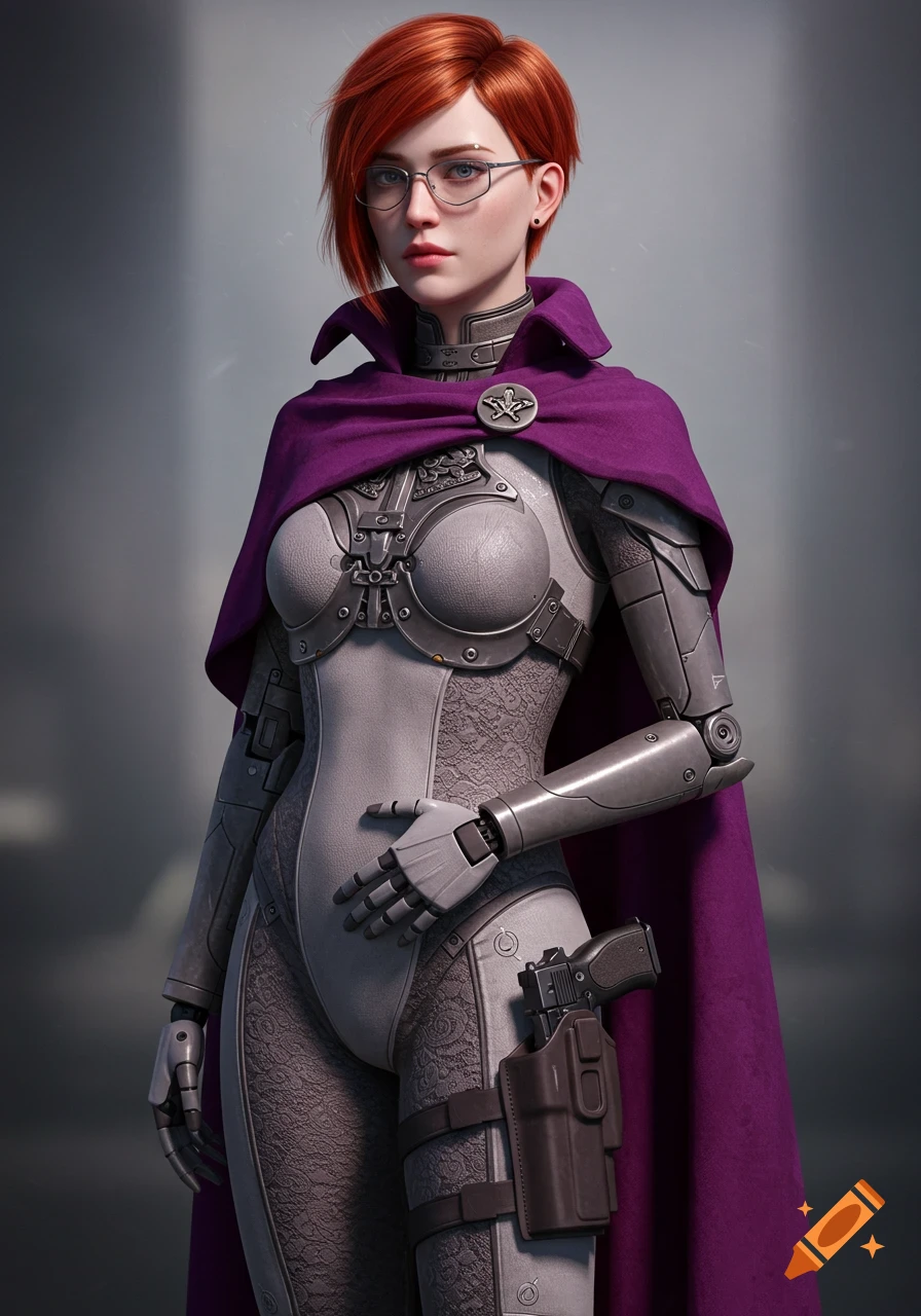 Photorealistic portrait of a red-haired woman in a futuristic bionic suit, purple cape, and glasses, with a gun holster.