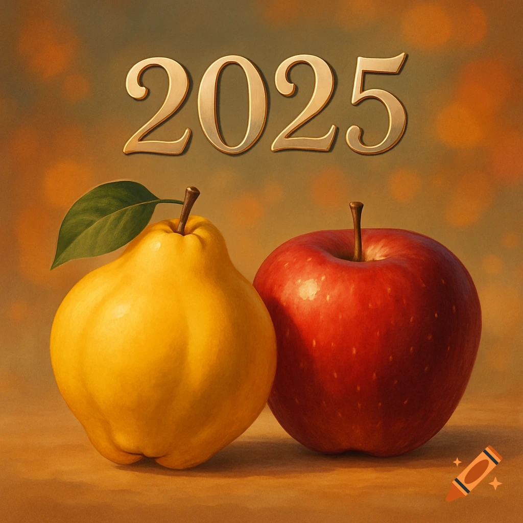 A painted still life of a yellow quince and a red apple with the golden numbers '2025' floating above them.