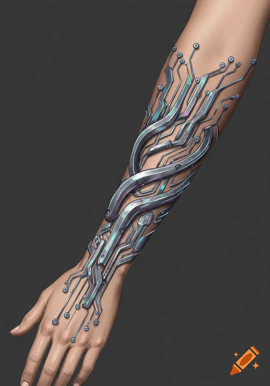A human arm and hand with a shiny, metallic, futuristic circuit board tattoo or prosthetic design.