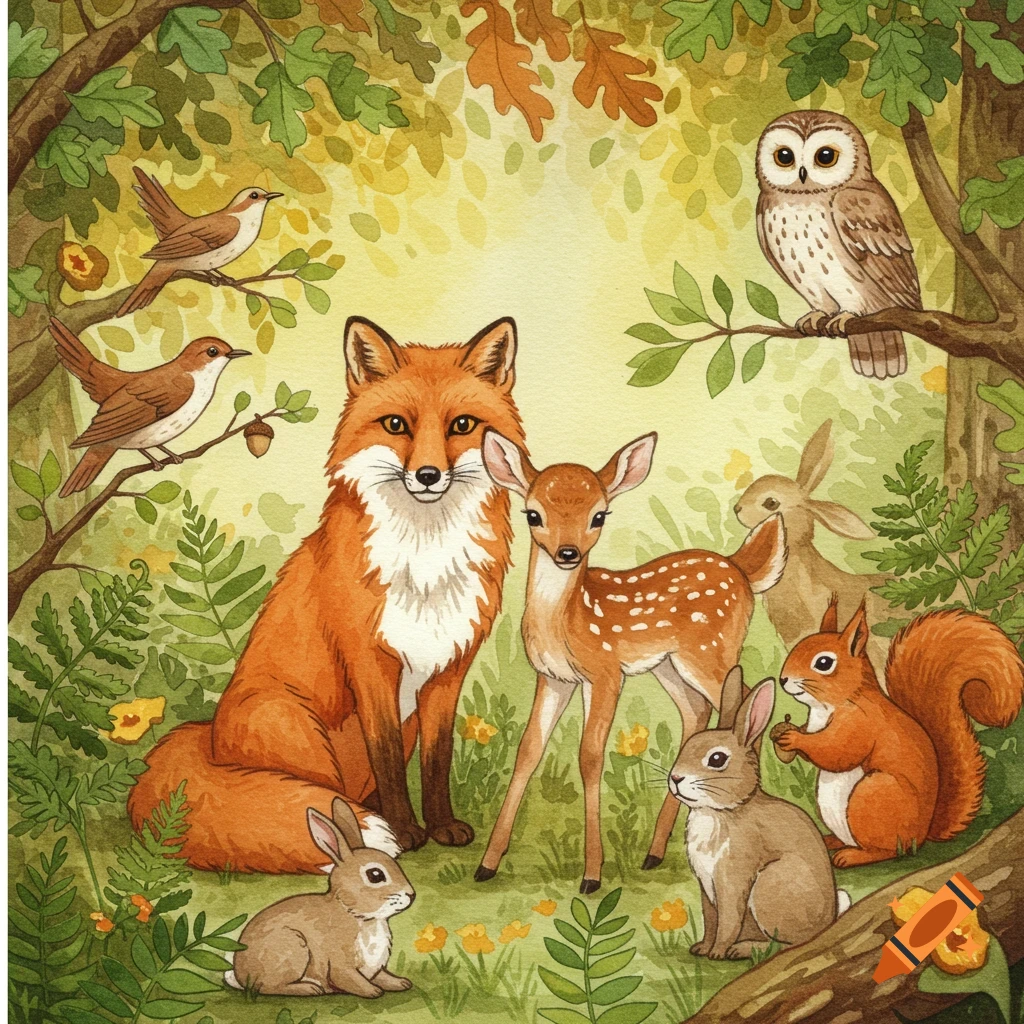 A whimsical watercolor illustration of a fox, fawn, owl, squirrel, rabbits, and birds in a leafy forest.