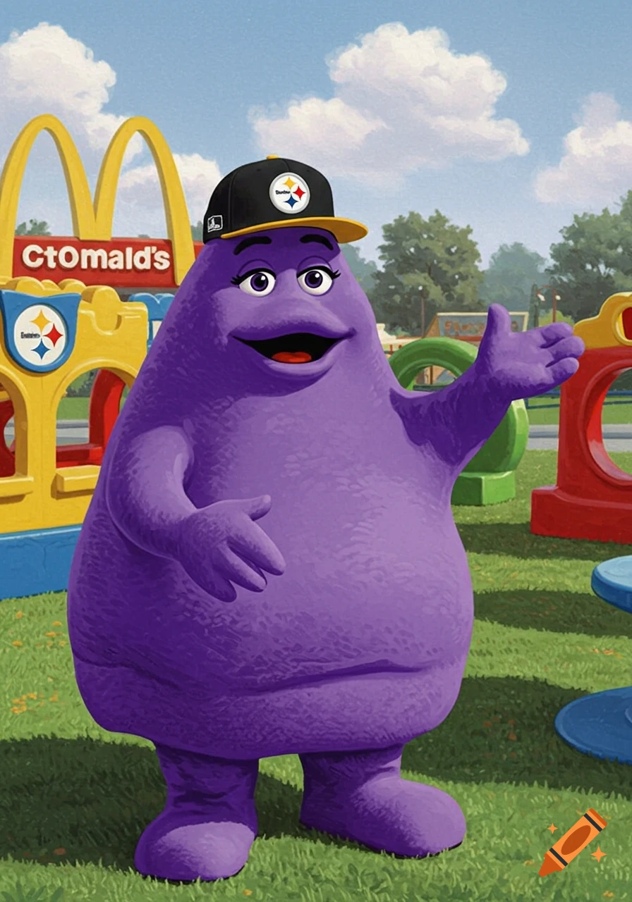 Purple Grimace from McDonald's wearing a black Steelers baseball cap, standing in a playground.