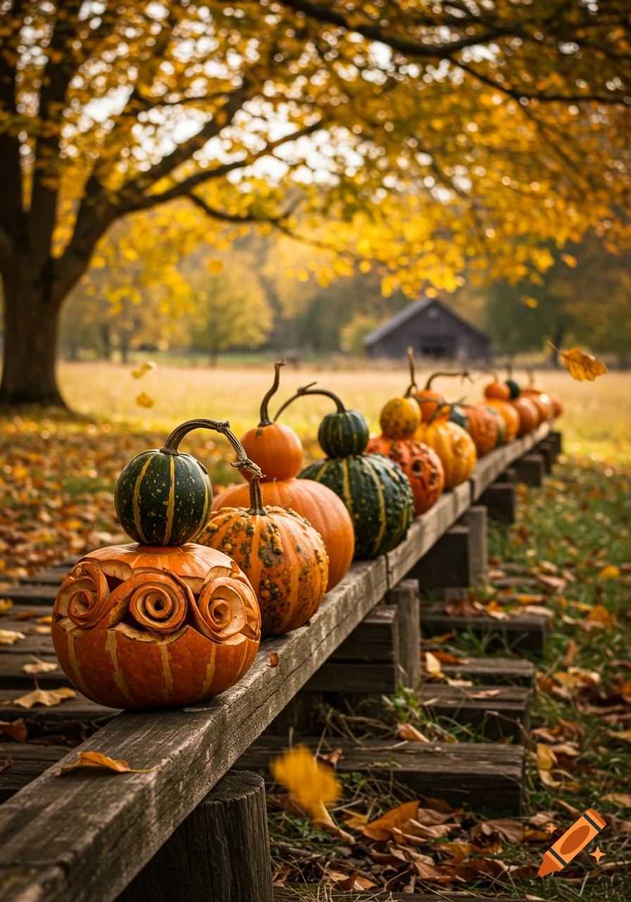 A line of various pumpkins and gourds on rustic wooden rails in an autumn landscape with golden trees and fallen leaves.