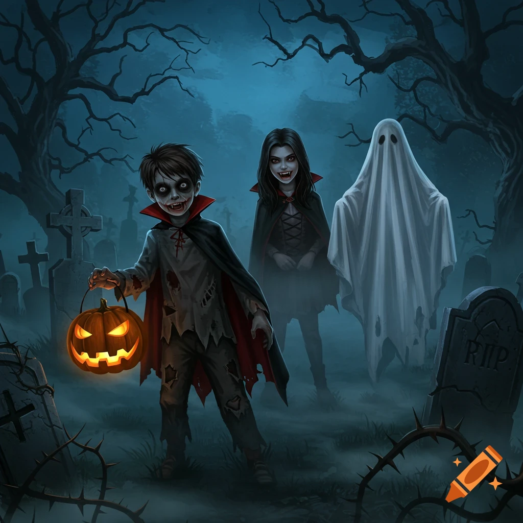 Illustrated Halloween scene of a boy vampire with a jack-o'-lantern, a girl vampire, and a ghost in a foggy cemetery.