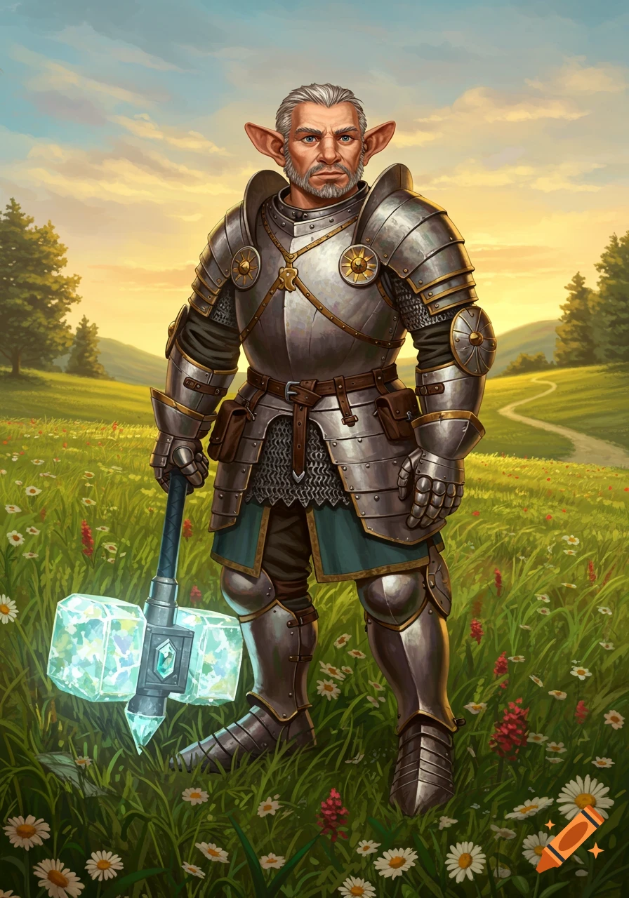 A middle-aged Halfling knight in shining plate armor holds a glowing crystal hammer, standing in a sunny field of flowers.