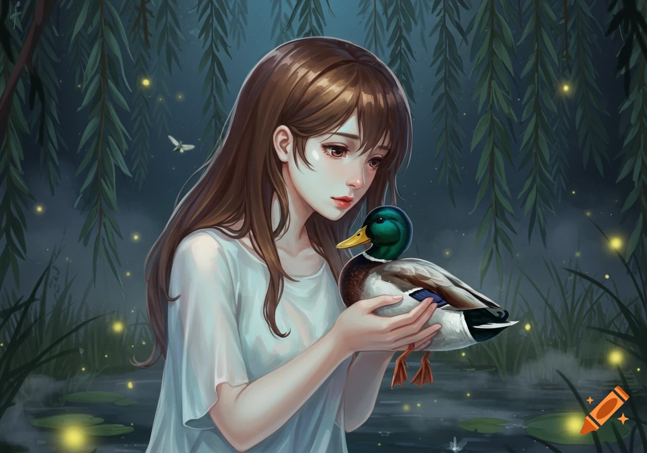 Anime girl with brown hair gently holding a mallard duck by a misty pond with weeping willows and glowing fireflies.