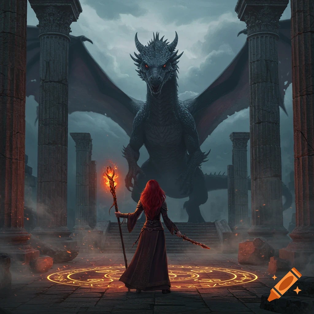 A red-haired sorceress with a staff stands on glowing runes, facing a large black dragon amidst ancient ruins.
