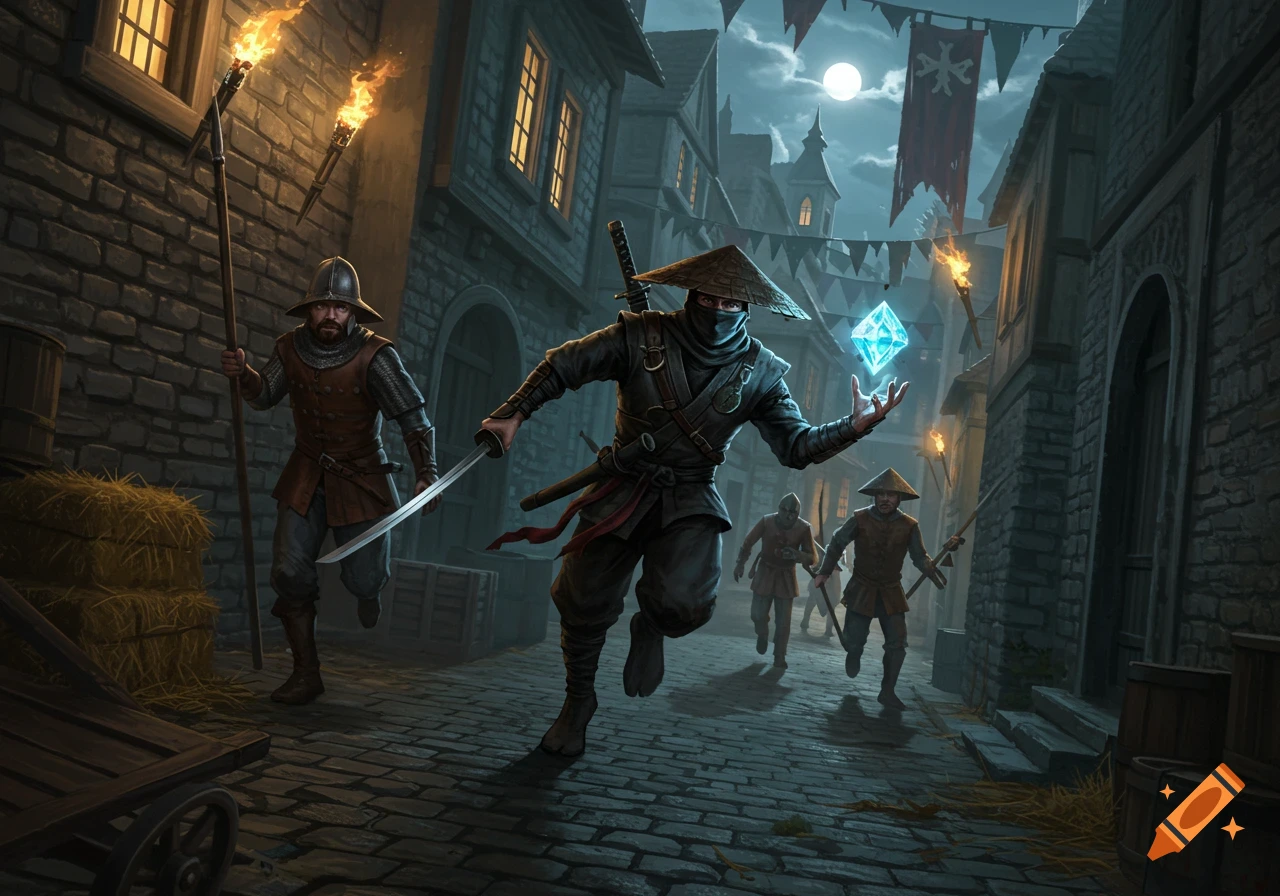 A ninja runs through a dark medieval town at night, holding a katana and a glowing blue gem, pursued by three armored guards.