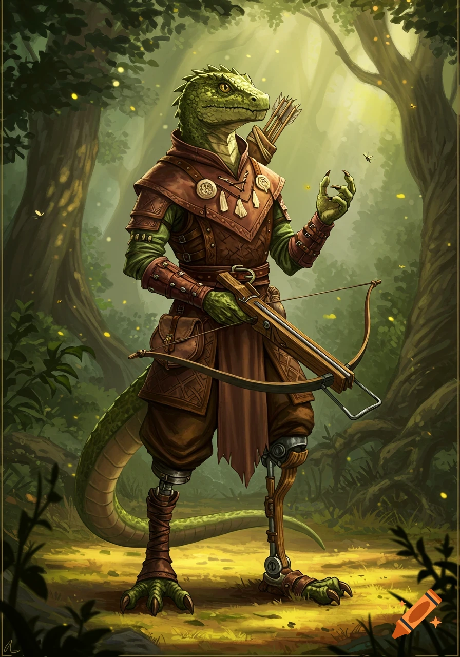 A lizardfolk ranger with a crossbow and a left leg prosthesis stands in a sunlit forest.