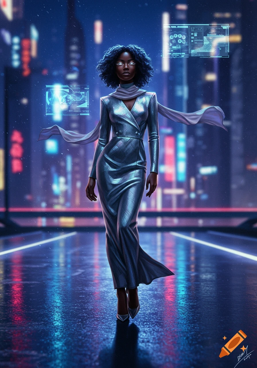 A Black woman with glowing eyes walks down a wet, neon-lit cyberpunk city street at night, wearing a shimmery silver dress and flowing scarf.