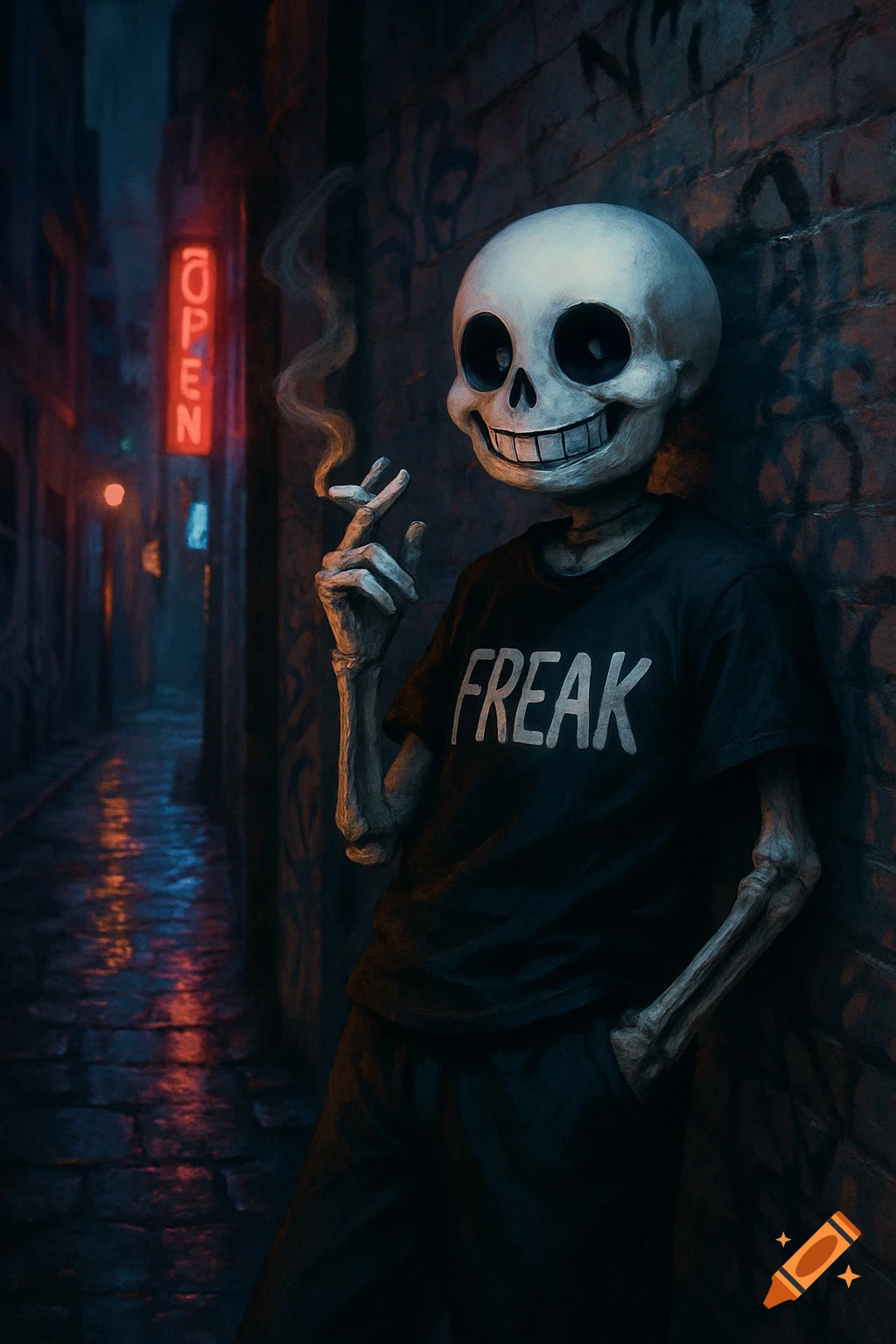 A stylized skeleton in a 'FREAK' t-shirt smokes a cigarette in a dark, neon-lit urban alley.