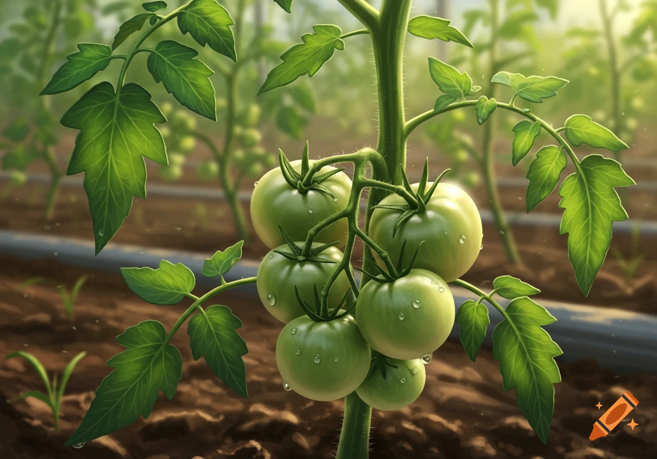 A photorealistic close-up of a tomato plant with green, unripe tomatoes covered in water droplets, growing in a sunny field.