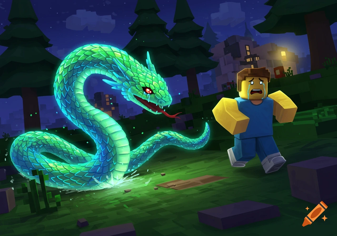A crying Roblox player runs from a large, glowing green snake in a blocky, pixelated world at night.