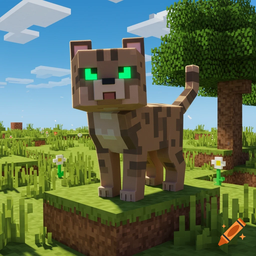 A blocky Minecraft cat with glowing green eyes stands in a grassy field.