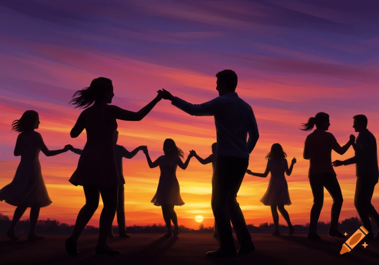 Silhouettes of people dancing against a vibrant orange and purple sunset sky, with a small sun on the horizon.